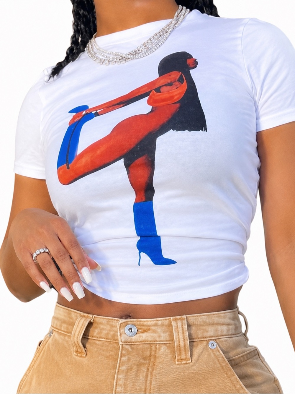 White Graphic Crop Tee with Red & Blue Art Print S
